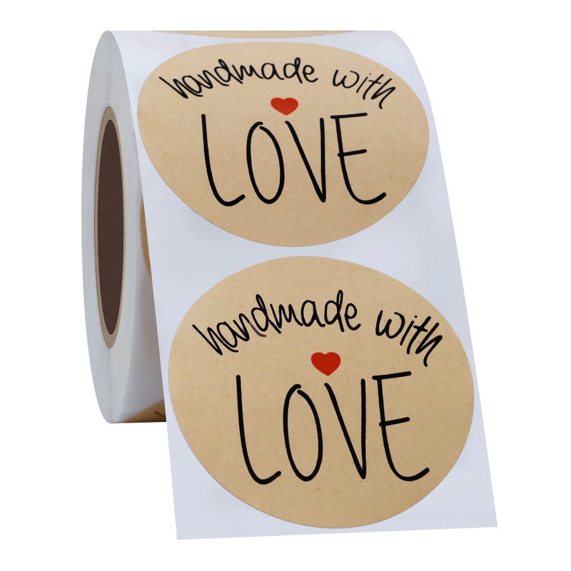 Hybsk Kraft Handmade with Love Stickers with Black Font Total 2" Round 300 Adhesive Labels Per Roll - Image 4